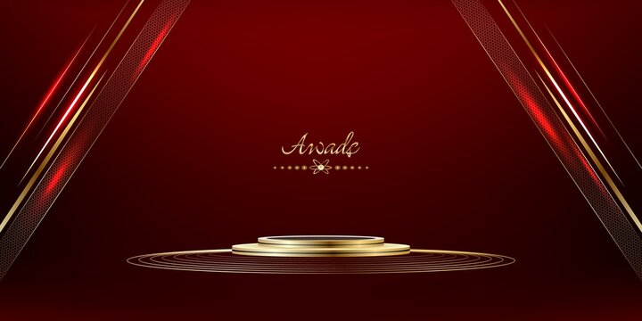 3D winner podium, red carpet party gold stars award concept. B