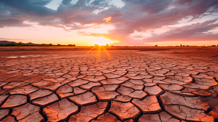 The parched earth with deep cracks form drought. Fissures soil, Generative AI