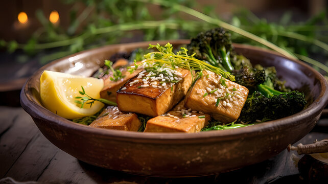 Sauteed marinated tofu with Nori, mixed Breton Algae, kale sprouts and steamed rice-Generative AI