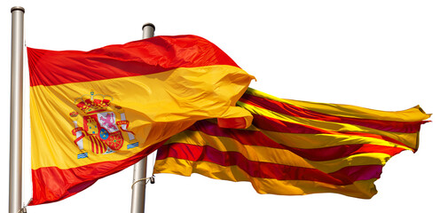 Close-up of a Spanish and Catalan flag (la Rojigualda and Senyera) with flagpole, blowing in the wind, isolated on white or transparent background. Spain. Png.