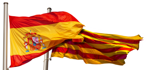 Close-up of a Spanish and Catalan flag (la Rojigualda and Senyera) with flagpole, blowing in the wind, isolated on white or transparent background. Spain. Png.