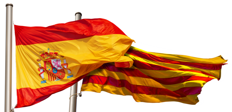Close-up of a Spanish and Catalan flag (la Rojigualda and Senyera) with flagpole, blowing in the wind, isolated on white or transparent background. Spain. Png.