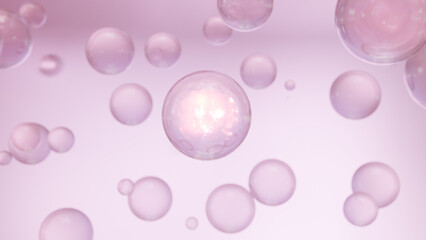 3D cosmetic rendering of Pink Bubbles of serum on a blurry background. Design of collagen bubbles. The concept for Moisturizing Cream and Serum. 