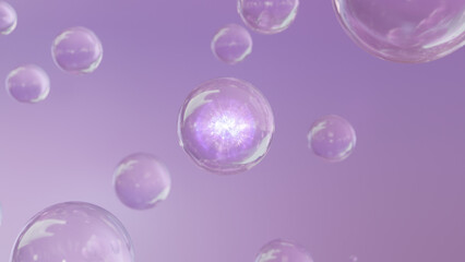 3D rendering of cosmetics Colorful serum bubbles against a blurry background. collagen bubbles' structure. Moisturizing and serum concept elements. Vitamins as a concept for personal care and beauty.