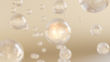 3D rendering for cosmetic reasons serum bubbles against a blurred background. Collagen bubble design. Moisturizing Cream and Serum Concept.