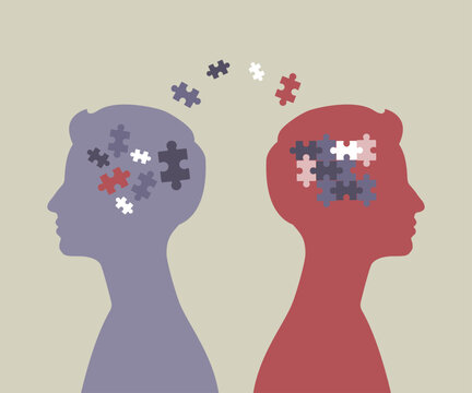 Neurodevelopmental condition illustration. Concept of ADHD, autism spectrum. Two people in silhouettes.