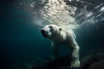 A captivating sight of a polar bear gracefully swimming in the icy waters, showcasing its adaptability and strength in its natural habitat. Ai generated