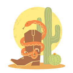 Cowboy boot and snake on old paper cactuses American desert background. Vector cartoon wild west poster illustration with green cactuses and sun