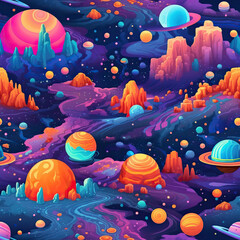Fantasy space neon psychedelic galaxy with planets repeat pattern