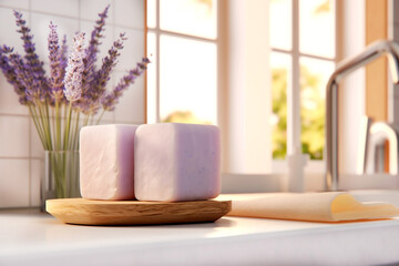 Fototapeta na wymiar Handmade organic lavender soap in a trendy bathroom with beautiful light. Trendy design. Generative Ai content.