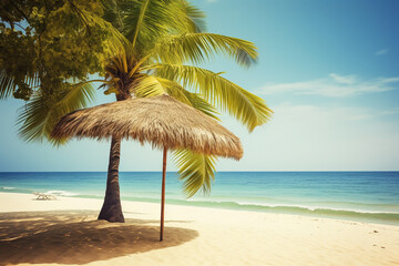 Obraz na płótnie Canvas Sun umbrella on the beach, Tropical Serenade: A Captivating Photograph of a Vibrant Sunset Over a Serene Tropical Beach, Where Palm Trees and Gentle Waves Create a Coastal Symphony