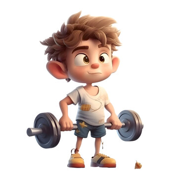 3D Render of a Cute Little Boy with a Barbell