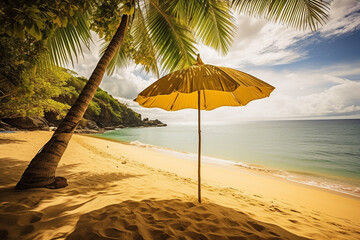 Sun umbrella on the beach, Tropical Serenade: A Captivating Photograph of a Vibrant Sunset Over a Serene Tropical Beach, Where Palm Trees and Gentle Waves Create a Coastal Symphony