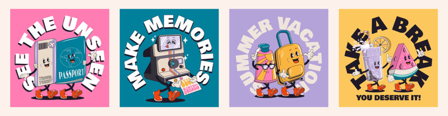  Set of summer travel retro posters or cards with walking funny cute comic characters. Lettering illustration for t-shirt print. Suitcase, ice cocktail, camera, spf cream, watermelon, passport, ticket