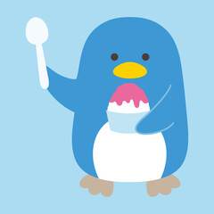 かき氷を食べる夏のかわいいペンギンのイラスト