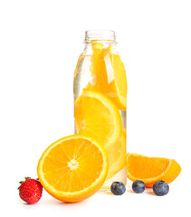Bottle of infused water with orange slices on white background