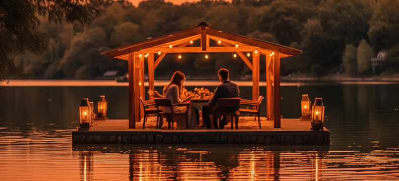 Blurred Romantic dinner with lights on the lake. A romantic couple having dinner on a dock on a lake. ai