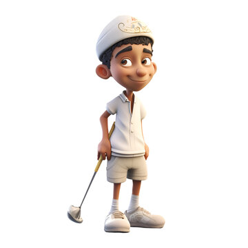 3D rendering of a cute little boy playing golf isolated on white background
