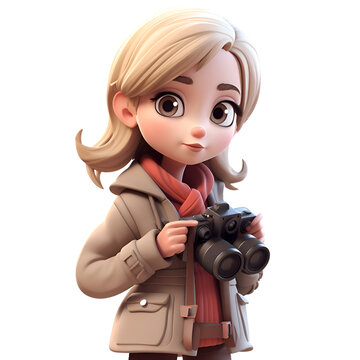 3D illustration of a cute cartoon girl with a camera on a white background