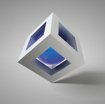 Vector abstract 3d cube and blue sphere composition. Three- dimensional icon design with a blue sphere inside a white cube.