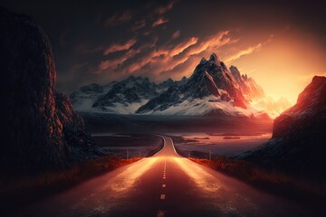 Fototapeta na wymiar Asphalt road through the mountains at sunset