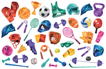 Sport vector colorful illustration background. Sports equipment inventory. Healthy lifestyle tools.