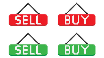 Buy and Sell hanging sign. store sign template in pixel art. vector illustration