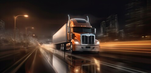 Truck is depicted in motion on a dark highway within the city. 