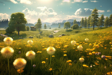 A picturesque scene of a vibrant and abundant green field adorned with charming dandelions, offering a serene and enchanting view of nature's beauty. Ai generated