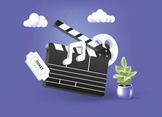 Clapperboard icon, filmmaking device, video movie clapper equipment. 3D Web.