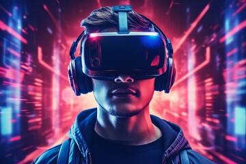 Modern man face in virtual reality glasses isolated on neon background AI