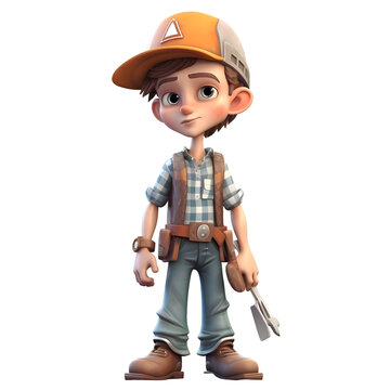 3D Render of a Little Boy with Construction Tools on White Background