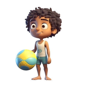 Little boy with a soccer ball on a white background. Cartoon character.