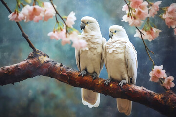 Two large white parrots siting on a branch. Generative AI