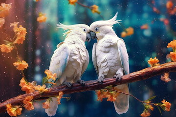 Two large white macaw parrots sit on a branch of sakura blossoms. Generative AI