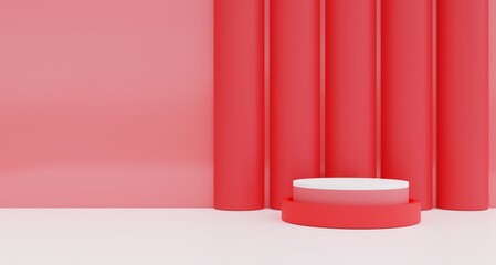 Red and white cylindrical podium for product display, promo, happy 3d abstract studio room.