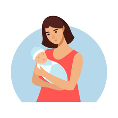 The mother holds the baby in her arms. Flat style vector illustration.