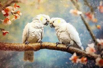 Two large white macaw parrots sit on a branch of sakura blossoms. Generative AI