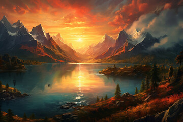 Fototapeta na wymiar A breathtaking scene of a tranquil landscape featuring majestic mountains and an awe inspiring sunset, creating a sense of peace and beauty. Ai generated