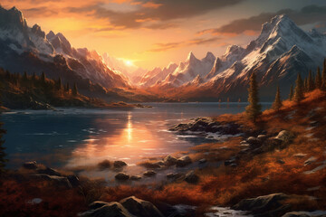  A breathtaking scene of a tranquil landscape featuring majestic mountains and an awe inspiring sunset, creating a sense of peace and beauty. Ai generated