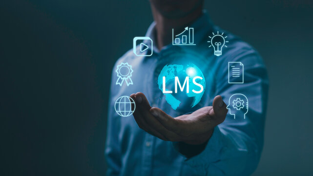 Word LMS with Learning Management System related icons. Learning management system concept for lessons and education online, course, application, education, learning, knowledge anywhere and anytime.