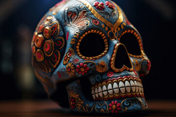 Fototapeta premium Typical Mexican skull with flowers painted on black background. Dia de los muertos.