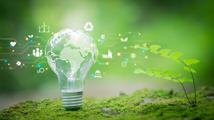 Globe bulb and renewable energy icons concept of sustainable development environment green business
