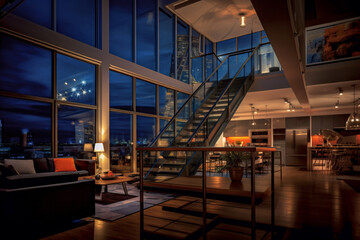 Obraz premium Loft living room with large window, elegant luxury modern home with large windows night lights