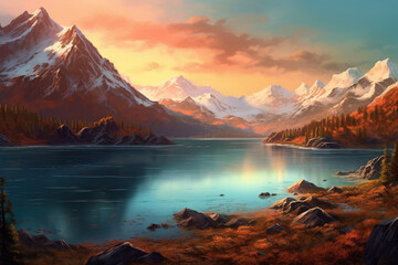 Fototapeta na wymiar A breathtaking scene of a tranquil landscape featuring majestic mountains and an awe inspiring sunset, creating a sense of peace and beauty. Ai generated