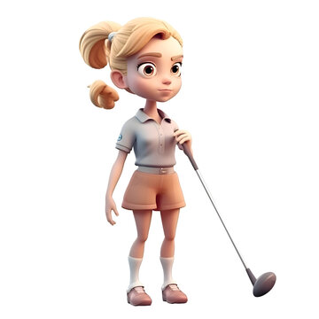Little girl with golf club. Cartoon character. Realistic vector illustration.