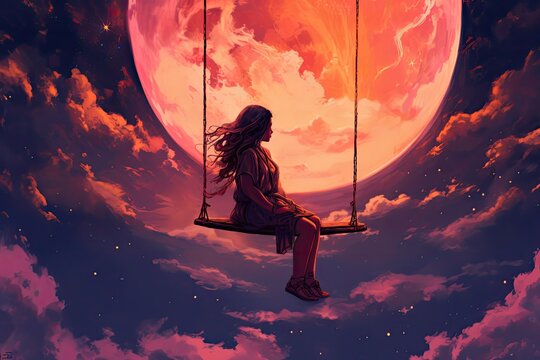 A girl sits on a swing under the gentle glow of a crescent full moon.