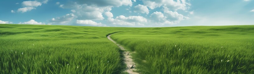 Fototapeta na wymiar path meanders through a vast, grassy flat field, inviting exploration and contemplation. The vibrant green grass stretches as far as the eye can see, swaying gently in the breeze.