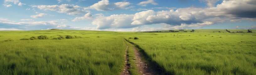 path meanders through a vast, grassy flat field, inviting exploration and contemplation. The vibrant green grass stretches as far as the eye can see, swaying gently in the breeze.