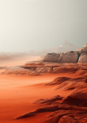 Orange rocky desert in melancholy atmosphere shrouded in a haze. Fantasy desert landscape in sandstorm with dramatic sky. Realistic 3D illustration. Generative AI